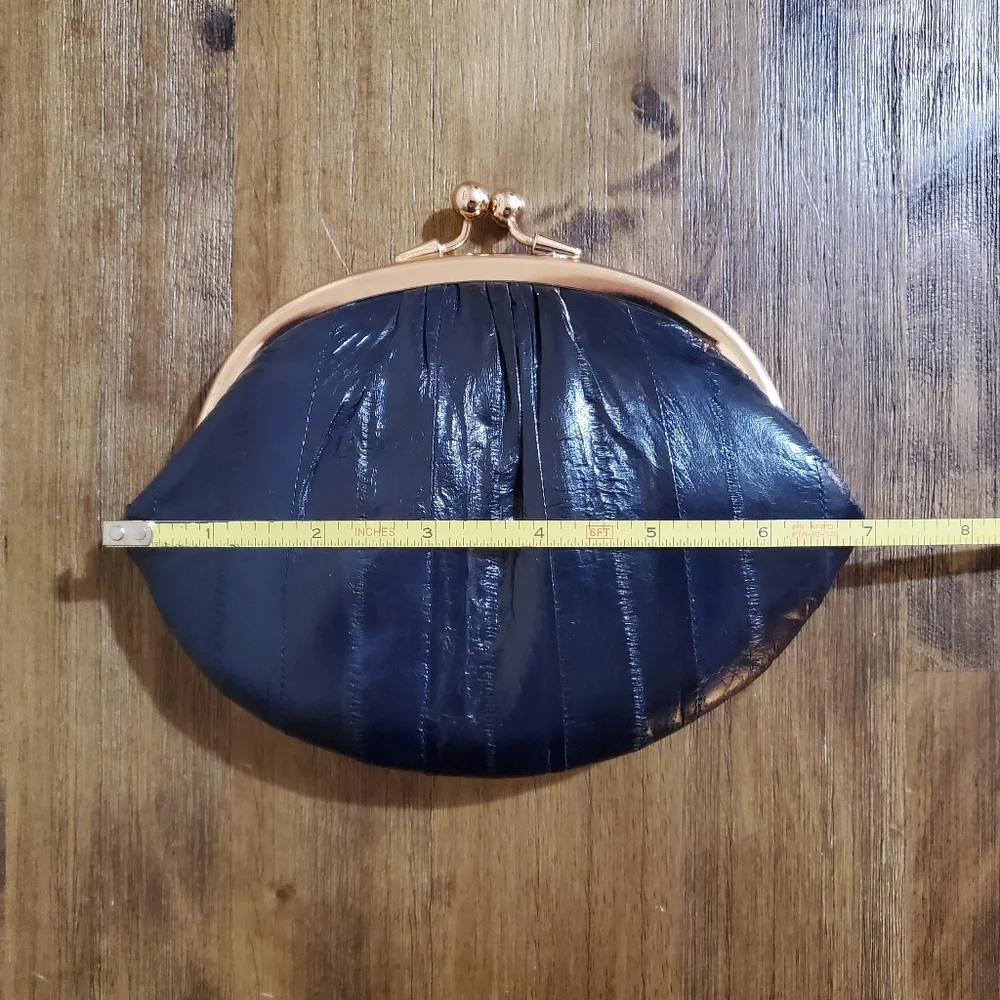 New Women's Eel Skin Double Kisslock Ball Clasp Coin Purse Wallet - Navy Blue